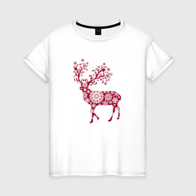 Женская футболка хлопок с принтом Снежный Олень в Курске, 100% хлопок | прямой крой, круглый вырез горловины, длина до линии бедер, слегка спущенное плечо | волшебный олень | животное | новый год | олень | снежинки | снежный олень
