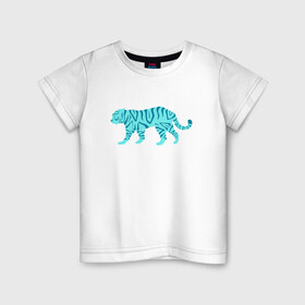Детская футболка хлопок с принтом водяной тигр 2022 в Курске, 100% хлопок | круглый вырез горловины, полуприлегающий силуэт, длина до линии бедер | Тематика изображения на принте: 2022зима | blue water tiger | year of the tiger | водный тигр | год тигра | ёлка | кошка | новыйгод | синие полоски | тигр