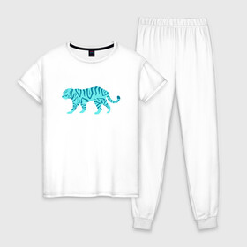 Женская пижама хлопок с принтом водяной тигр 2022 в Курске, 100% хлопок | брюки и футболка прямого кроя, без карманов, на брюках мягкая резинка на поясе и по низу штанин | 2022зима | blue water tiger | year of the tiger | водный тигр | год тигра | ёлка | кошка | новыйгод | синие полоски | тигр
