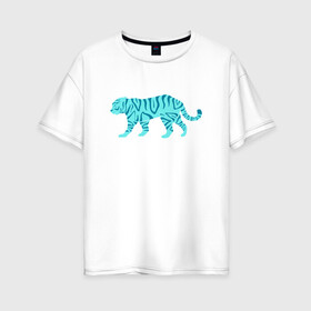 Женская футболка хлопок Oversize с принтом водяной тигр 2022 в Курске, 100% хлопок | свободный крой, круглый ворот, спущенный рукав, длина до линии бедер
 | 2022зима | blue water tiger | year of the tiger | водный тигр | год тигра | ёлка | кошка | новыйгод | синие полоски | тигр