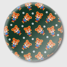 Значок с принтом Тигрёнок и снежинка в Курске,  металл | круглая форма, металлическая застежка в виде булавки | кошки | новый год | символ года | снежинки | тигр