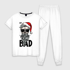 Женская пижама хлопок с принтом SANTA CLAUS BAD в Курске, 100% хлопок | брюки и футболка прямого кроя, без карманов, на брюках мягкая резинка на поясе и по низу штанин | bad | beard | christmas | hipster | new year | red cap | santa claus | skull | борода | красный колпак | новый год | очки | рождество | санта клаус | хипстер | череп