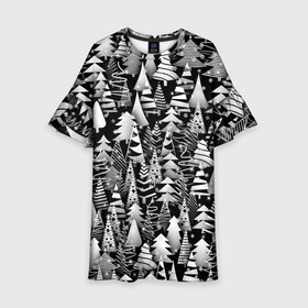 Детское платье 3D с принтом Лес абстрактных ёлок в Курске, 100% полиэстер | прямой силуэт, чуть расширенный к низу. Круглая горловина, на рукавах — воланы | абстракция | ёлка | ель | лес | новогодний | новый год | паттерн | рождество | снег | снежинки | чернобелый