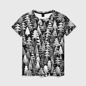 Женская футболка 3D с принтом Лес абстрактных ёлок в Курске, 100% полиэфир ( синтетическое хлопкоподобное полотно) | прямой крой, круглый вырез горловины, длина до линии бедер | абстракция | ёлка | ель | лес | новогодний | новый год | паттерн | рождество | снег | снежинки | чернобелый