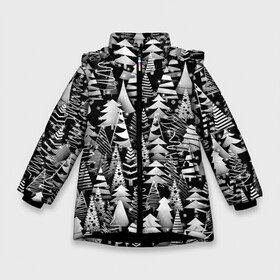 Зимняя куртка для девочек 3D с принтом Лес абстрактных ёлок в Курске, ткань верха — 100% полиэстер; подклад — 100% полиэстер, утеплитель — 100% полиэстер. | длина ниже бедра, удлиненная спинка, воротник стойка и отстегивающийся капюшон. Есть боковые карманы с листочкой на кнопках, утяжки по низу изделия и внутренний карман на молнии. 

Предусмотрены светоотражающий принт на спинке, радужный светоотражающий элемент на пуллере молнии и на резинке для утяжки. | абстракция | ёлка | ель | лес | новогодний | новый год | паттерн | рождество | снег | снежинки | чернобелый