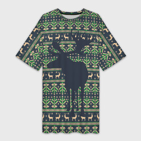 Платье-футболка 3D с принтом Лось на вязанном фоне в Курске,  |  | вышивка | вязаное | дикий. | животное | лес | лось | паттерн | узор