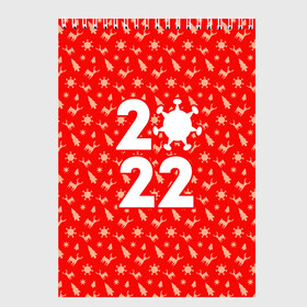 Скетчбук с принтом Новый год с оленями и короновирусом в Курске, 100% бумага
 | 48 листов, плотность листов — 100 г/м2, плотность картонной обложки — 250 г/м2. Листы скреплены сверху удобной пружинной спиралью | Тематика изображения на принте: 2022 | new year | год тигра | короновирус | новогодний узор | новый год | олени | узор с оленями