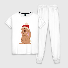 Женская пижама хлопок с принтом Новогодний зайчик 2022 в Курске, 100% хлопок | брюки и футболка прямого кроя, без карманов, на брюках мягкая резинка на поясе и по низу штанин | 2022 | заяц | кролик | новый год
