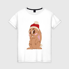 Женская футболка хлопок с принтом Новогодний зайчик 2022 в Курске, 100% хлопок | прямой крой, круглый вырез горловины, длина до линии бедер, слегка спущенное плечо | 2022 | заяц | кролик | новый год