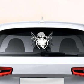 Наклейка на авто - для заднего стекла с принтом череп с винтовками в Курске, ПВХ | Точные размеры наклейки зависят от выбранного изображения (ширина не больше 75 мм, высота не больше 45 мм) | винтовки | граффити | оружие | хорор | череп