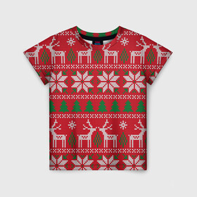 Детская футболка 3D с принтом вязаный принт с оленями в Курске, 100% гипоаллергенный полиэфир | прямой крой, круглый вырез горловины, длина до линии бедер, чуть спущенное плечо, ткань немного тянется | christmas | deer | knitted | new year | print | red | snow | trees | white | wintry | белый | вязаный | елки | зимний | красный | новый год | олени | олень | принт | рождество | снег | снежинка
