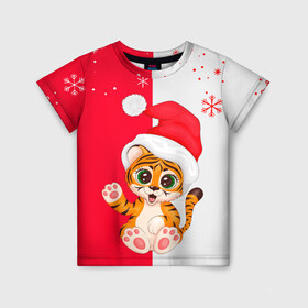 Детская футболка 3D с принтом НОВЫЙ ГОД | ТИГР | СНЕЖИНКИ в Курске, 100% гипоаллергенный полиэфир | прямой крой, круглый вырез горловины, длина до линии бедер, чуть спущенное плечо, ткань немного тянется | 2022 | merry christmas | год тигра | нг | новогодний тигр | новогодняя символика | новый год | рождество | символ 2022 года | снежинки | тигр