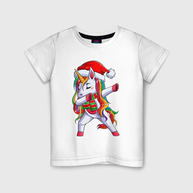 Детская футболка хлопок с принтом Новогодний Единорог Даб в Курске, 100% хлопок | круглый вырез горловины, полуприлегающий силуэт, длина до линии бедер | christmas | dabbing | santa | unicorn | даббинг | дед мороз | единорог | новый год | радуга | радужный | рождество | санта | снежинка | юникорн