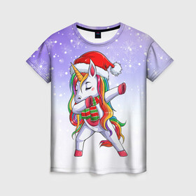 Женская футболка 3D с принтом Xmas Unicorn Dabbing   Рождественский Единорог Даб в Курске, 100% полиэфир ( синтетическое хлопкоподобное полотно) | прямой крой, круглый вырез горловины, длина до линии бедер | christmas | dabbing | santa | unicorn | даббинг | дед мороз | единорог | зима | новый год | радуга | радужный | рождество | санта | снег | снежинка | юникорн