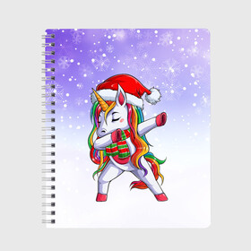 Тетрадь с принтом Xmas Unicorn Dabbing   Рождественский Единорог Даб в Курске, 100% бумага | 48 листов, плотность листов — 60 г/м2, плотность картонной обложки — 250 г/м2. Листы скреплены сбоку удобной пружинной спиралью. Уголки страниц и обложки скругленные. Цвет линий — светло-серый
 | Тематика изображения на принте: christmas | dabbing | santa | unicorn | даббинг | дед мороз | единорог | зима | новый год | радуга | радужный | рождество | санта | снег | снежинка | юникорн