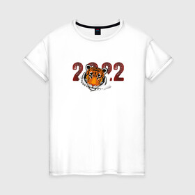 Женская футболка хлопок с принтом Морда тигра 2022 в Курске, 100% хлопок | прямой крой, круглый вырез горловины, длина до линии бедер, слегка спущенное плечо | 2022 | год тигра | новый год | новый год 2022 | символ года | тигр | тигренок | тигрица | тигры