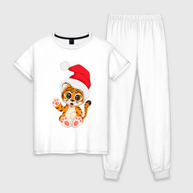 Женская пижама хлопок с принтом Новый год (тигренок) в Курске, 100% хлопок | брюки и футболка прямого кроя, без карманов, на брюках мягкая резинка на поясе и по низу штанин | 2022 | год тигра | новогодний тигр | новый год | рождество | символ 2022 года | снежинки | тигр
