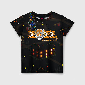 Детская футболка 3D с принтом Ночной новогодний город 2022 год тигра в Курске, 100% гипоаллергенный полиэфир | прямой крой, круглый вырез горловины, длина до линии бедер, чуть спущенное плечо, ткань немного тянется | Тематика изображения на принте: 2022 | год тигра | новый год | новый год 2022 | символ года | тигр | тигренок | тигрица | тигры