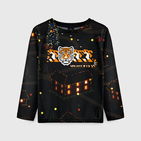 Детский лонгслив 3D с принтом Ночной новогодний город 2022 год тигра в Курске, 100% полиэстер | длинные рукава, круглый вырез горловины, полуприлегающий силуэт
 | Тематика изображения на принте: 2022 | год тигра | новый год | новый год 2022 | символ года | тигр | тигренок | тигрица | тигры