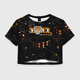 Женская футболка Crop-top 3D с принтом Ночной новогодний город 2022 год тигра в Курске, 100% полиэстер | круглая горловина, длина футболки до линии талии, рукава с отворотами | 2022 | год тигра | новый год | новый год 2022 | символ года | тигр | тигренок | тигрица | тигры