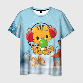 Мужская футболка 3D с принтом Тигренок жует жвачку в Курске, 100% полиэфир | прямой крой, круглый вырез горловины, длина до линии бедер | Тематика изображения на принте: 2022 | год тигра | новый год | новый год 2022 | символ года | тигр | тигренок | тигрица | тигры