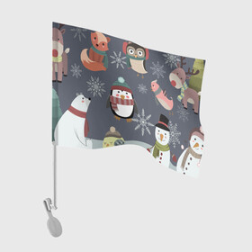 Флаг для автомобиля с принтом НОВОГОДНИЙ ПАТТЕРН ЖИВОТНЫЕ в Курске, 100% полиэстер | Размер: 30*21 см | животные | зима | лес | новый год | олени | праздник | рождество | снег | снеговик | снежинки | сова