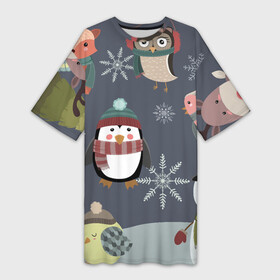 Платье-футболка 3D с принтом НОВОГОДНИЙ ПАТТЕРН ЖИВОТНЫЕ в Курске,  |  | Тематика изображения на принте: животные | зима | лес | новый год | олени | праздник | рождество | снег | снеговик | снежинки | сова