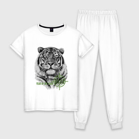 Женская пижама хлопок с принтом Год белого тигра 2022 в Курске, 100% хлопок | брюки и футболка прямого кроя, без карманов, на брюках мягкая резинка на поясе и по низу штанин | 2022 | tiger | year of the tiger | белый тигр | год 2022 | год под прицелом | год тигра | новогодний тигр | новый год | тигр