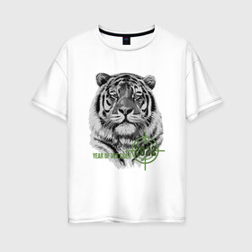 Женская футболка хлопок Oversize с принтом Год белого тигра 2022 в Курске, 100% хлопок | свободный крой, круглый ворот, спущенный рукав, длина до линии бедер
 | 2022 | tiger | year of the tiger | белый тигр | год 2022 | год под прицелом | год тигра | новогодний тигр | новый год | тигр