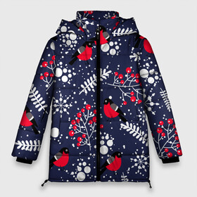 Женская зимняя куртка Oversize с принтом Снегири и рябина в Курске, верх — 100% полиэстер; подкладка — 100% полиэстер; утеплитель — 100% полиэстер | длина ниже бедра, силуэт Оверсайз. Есть воротник-стойка, отстегивающийся капюшон и ветрозащитная планка. 

Боковые карманы с листочкой на кнопках и внутренний карман на молнии | birds | bullfinches | christmas | mountain ash | new year | snow | snowflakes | winter | зима | новый год | птицы | рождество | рябина | снег | снегири | снежинки