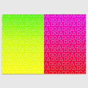 Поздравительная открытка с принтом Игра в кальмара (розовый+желтый) в Курске, 100% бумага | плотность бумаги 280 г/м2, матовая, на обратной стороне линовка и место для марки
 | frankenstein dress | гра в кальмара | желтый | зеленый | игра | кальмар | квадрат | квадратик | красный | круг | кружок | половинчатый | розовый | треугольник | треугольничек