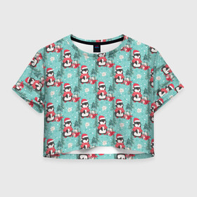 Женская футболка Crop-top 3D с принтом Пингвинчики новый год в Курске, 100% полиэстер | круглая горловина, длина футболки до линии талии, рукава с отворотами | 2022 | год тигра | новый год | новый год 2022 | символ года | тигр | тигренок | тигрица | тигры