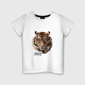 Детская футболка хлопок с принтом Тигр 2022 символ в Курске, 100% хлопок | круглый вырез горловины, полуприлегающий силуэт, длина до линии бедер | амурский тигр | год 2022 | кошка | новый год | символ 2022 | тигр | тигр 2022