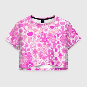 Женская футболка Crop-top 3D с принтом MURAKAMI PINK МУРАКАМИ РОЗОВЫЙ в Курске, 100% полиэстер | круглая горловина, длина футболки до линии талии, рукава с отворотами | cute flowers | flower superflat | flowers | murakami | pop art | superflat | takashi murakami | милые цветочки | мураками | ромашки | такаси мураками | такаши мураками | цветочки | цветы