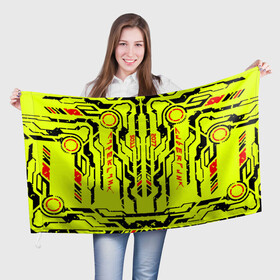 Флаг 3D с принтом Cyberpunk 2077 YELLOW в Курске, 100% полиэстер | плотность ткани — 95 г/м2, размер — 67 х 109 см. Принт наносится с одной стороны | будущее | жолтый | киберпанк | минимализм | полосы | схемы
