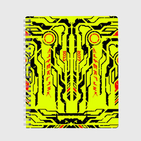 Тетрадь с принтом Cyberpunk 2077 YELLOW в Курске, 100% бумага | 48 листов, плотность листов — 60 г/м2, плотность картонной обложки — 250 г/м2. Листы скреплены сбоку удобной пружинной спиралью. Уголки страниц и обложки скругленные. Цвет линий — светло-серый
 | Тематика изображения на принте: будущее | жолтый | киберпанк | минимализм | полосы | схемы