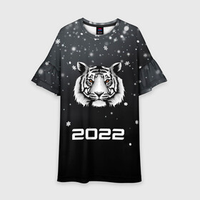 Детское платье 3D с принтом Новогодний тигр символ 2022. в Курске, 100% полиэстер | прямой силуэт, чуть расширенный к низу. Круглая горловина, на рукавах — воланы | Тематика изображения на принте: 2022 | merry christmas | год тигра | зима близко | нг | новогодний | новогодний тигр | новогодняя символика | новый год | новый год 2022 | рождество | символ 2022 года | снег | снежинки | тигр