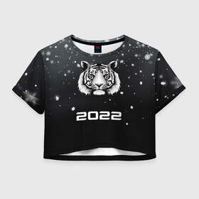 Женская футболка Crop-top 3D с принтом Новогодний тигр символ 2022. в Курске, 100% полиэстер | круглая горловина, длина футболки до линии талии, рукава с отворотами | 2022 | merry christmas | год тигра | зима близко | нг | новогодний | новогодний тигр | новогодняя символика | новый год | новый год 2022 | рождество | символ 2022 года | снег | снежинки | тигр