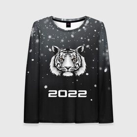 Женский лонгслив 3D с принтом Новогодний тигр символ 2022. в Курске, 100% полиэстер | длинные рукава, круглый вырез горловины, полуприлегающий силуэт | 2022 | merry christmas | год тигра | зима близко | нг | новогодний | новогодний тигр | новогодняя символика | новый год | новый год 2022 | рождество | символ 2022 года | снег | снежинки | тигр