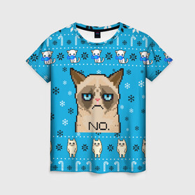 Женская футболка 3D с принтом Grumpy КОТ МЕМ НОВОГОДНИЙ в Курске, 100% полиэфир ( синтетическое хлопкоподобное полотно) | прямой крой, круглый вырез горловины, длина до линии бедер | 2021 | 2022 | cat | christmas | mem | merry | merry christmas | new year | snow | sweater | ugly christmas | winter | зима | кис | киска | кот | котейка | котик | коты | котяра | кошка | кошки | мем | мемы | новогодний | новогодняя | новый 