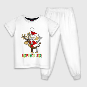 Детская пижама хлопок с принтом Happy New Year Санта на олене в Курске, 100% хлопок |  брюки и футболка прямого кроя, без карманов, на брюках мягкая резинка на поясе и по низу штанин
 | Тематика изображения на принте: christmas | happy new year | holiday | new year | on a reindeer | santa claus | sitting | на олене | новый год | праздник | рождество | санта клаус | сидит | счастливого нового года