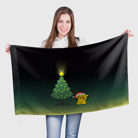 Флаг 3D с принтом Пикачу с Ёлкой в Курске, 100% полиэстер | плотность ткани — 95 г/м2, размер — 67 х 109 см. Принт наносится с одной стороны | pikachy | гирлянда | елка | пикачу | покемон | шарики | электричество