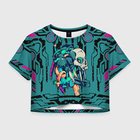 Женская футболка Crop-top 3D с принтом Cyberpunk 2077! в Курске, 100% полиэстер | круглая горловина, длина футболки до линии талии, рукава с отворотами | арт | будущее | голова | киберпанк | минимализм | полосы | розовый | схемы
