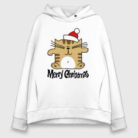Женское худи Oversize хлопок с принтом Merry Christmas квадратный кот в Курске, френч-терри — 70% хлопок, 30% полиэстер. Мягкий теплый начес внутри —100% хлопок | боковые карманы, эластичные манжеты и нижняя кромка, капюшон на магнитной кнопке | kitten | merry christmas | red cap | santa claus | sitting | square | tabby cat | квадратный | котёнок | красный колпак | полосатый кот | санта клауса | сидит | счастливого рождества