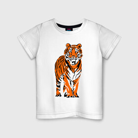 Детская футболка хлопок с принтом Тигр в джунглях в Курске, 100% хлопок | круглый вырез горловины, полуприлегающий силуэт, длина до линии бедер | Тематика изображения на принте: 2022 | big cat | happy new year | jungle | palms | predator | tiger | year of the tiger | большая кошка | год тигра | джунгли | пальмы | с новым годом | тигр | хищник