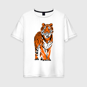 Женская футболка хлопок Oversize с принтом Тигр в джунглях в Курске, 100% хлопок | свободный крой, круглый ворот, спущенный рукав, длина до линии бедер
 | 2022 | big cat | happy new year | jungle | palms | predator | tiger | year of the tiger | большая кошка | год тигра | джунгли | пальмы | с новым годом | тигр | хищник