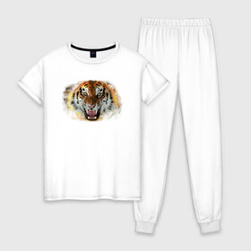 Женская пижама хлопок с принтом Пламенный тигр в Курске, 100% хлопок | брюки и футболка прямого кроя, без карманов, на брюках мягкая резинка на поясе и по низу штанин | fire | flame | symbol | tiger | zoo | животное | огонь | пламя | природа | тигр