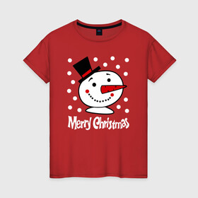 Женская футболка хлопок с принтом Merry Christmas: снеговик в цилиндре в Курске, 100% хлопок | прямой крой, круглый вырез горловины, длина до линии бедер, слегка спущенное плечо | carrot | merry christmas | new year | smile | snow | snowman | winter | зима | морковка | новый год | снег | снеговик | счастливого рождества | улыбка