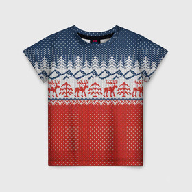 Детская футболка 3D с принтом ВЯЗАНЫЙ УЗОР С ОЛЕНЯМИ в Курске, 100% гипоаллергенный полиэфир | прямой крой, круглый вырез горловины, длина до линии бедер, чуть спущенное плечо, ткань немного тянется | Тематика изображения на принте: background | christmas | deer | herringbone | holiday | knitted pattern | new year | pattern | snow | snowflakes | texture | tree | вязаный узор | елка | елочка | новый год | олени | паттерн | праздник | рождество | снег | снежинки | текстура | узор | фон