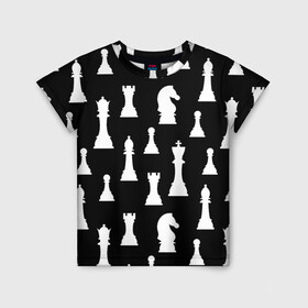 Детская футболка 3D с принтом Белые шахматные фигуры в Курске, 100% гипоаллергенный полиэфир | прямой крой, круглый вырез горловины, длина до линии бедер, чуть спущенное плечо, ткань немного тянется | checkmate | chess | chess board | chess game | chess pieces | chess player | chessboard | gambit | game | king | pawn | queen | гамбит | игра | король | мат | партия | ферзь | фигуры | шахматист | шахматы